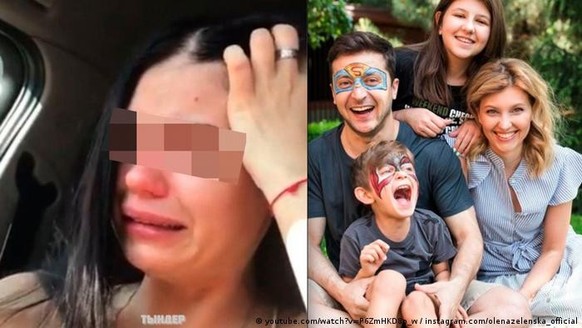 Not the same person: a crying woman on the left, Zelenskyj's family on the right.