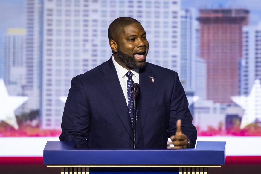 epa13227247 US Representative Byron Donalds (R-FL), Republican candidate for governor of Florida, speaks on the first day of the Midterm Republican National Convention at the American Airlines Center  ...