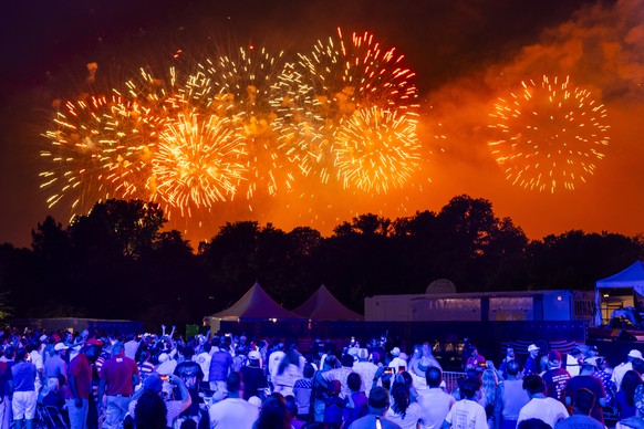 epa13088179 Fireworks go off during the Salute to America 250 celebration on the National Mall in Washington, DC, USA, 05 July 2026. The fireworks display that followed the president?s speech is repor ...