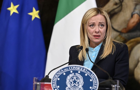 epa10559723 Italian Prime Minister Giorgia Meloni speaks during a joint press conference with her Spanish counterpart following their meeting in Rome, Italy, 05 April 2023. EPA/RICCARDO ANTIMIANI