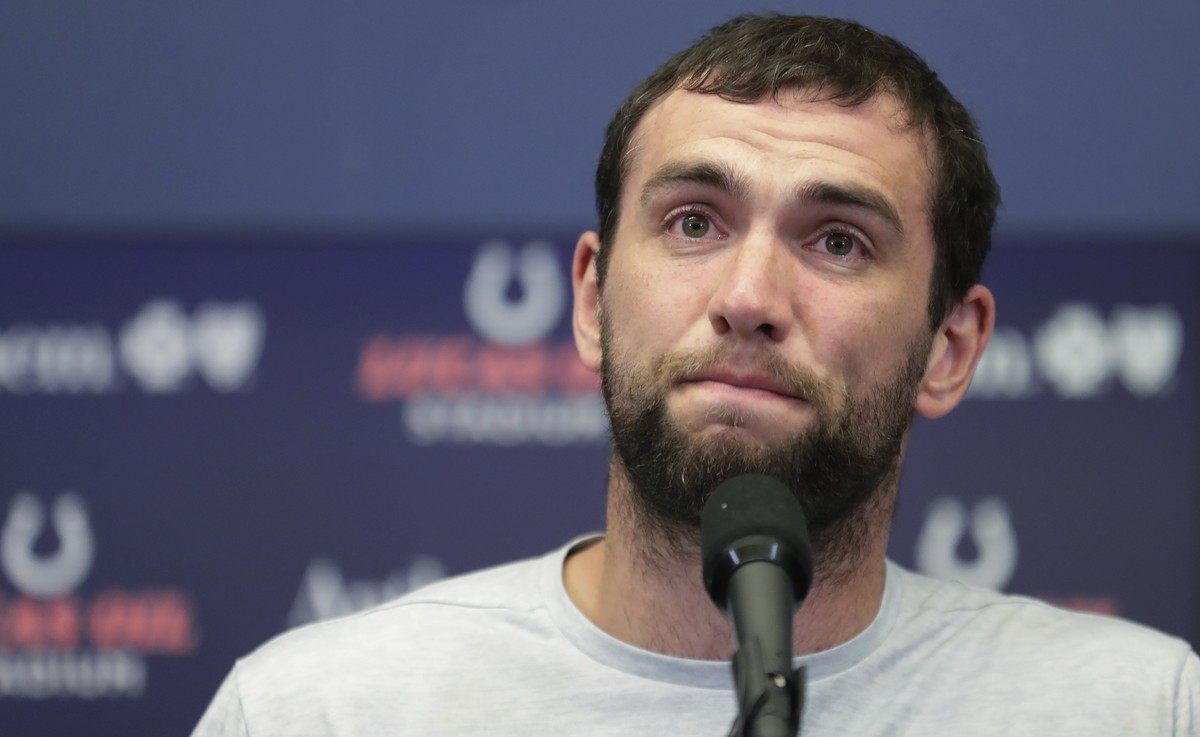 Indianapolis Colts quarterback Andrew Luck speaks during a news conference following the team's NFL preseason football game against the Chicago Bears, Saturday, Aug. 24, 2019, in Indianapolis. Th ...