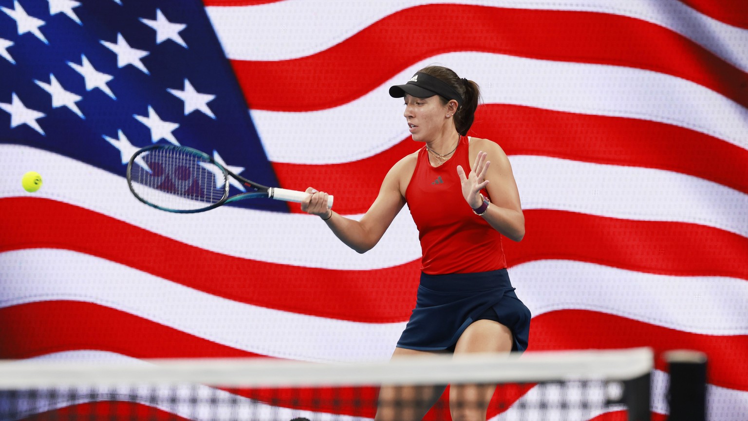 epa10395029 Jessica Pegula of the USA warms up in her game against Martina Trevisan of Italy during the 2023 United Cup Final tennis match between Italy and the USA at Ken Rosewall Arena in Sydney, Au ...