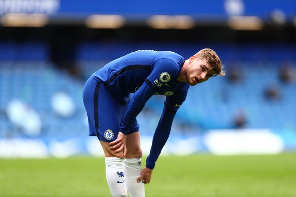 epa09113334 Timo Werner of Chelsea reacts during the English Premier League soccer match between Chelsea FC and West Bromwich Albion in London, Britain, 03 April 2021. EPA/Clive Rose / POOL EDITORIAL ...