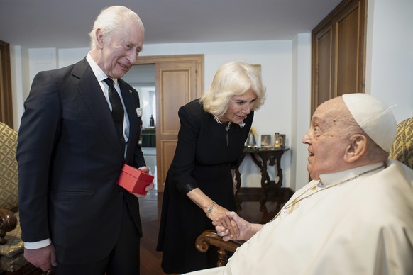 In this image released by Vatican Media, Britain&#039;s King Charles III and Queen Camilla meet Pope Francis at The Vatican, Wednesday, April 9, 2025. (Vatican Media via AP)
Vatican Britain Royals