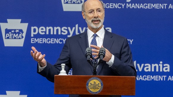 FILE - In this May 29, 2020 file photo, Pennsylvania Gov. Tom Wolf meets with the media at The Pennsylvania Emergency Management Agency (PEMA) headquarters in Harrisburg, Pa. Wolf on Tuesday, Aug. 25, ...