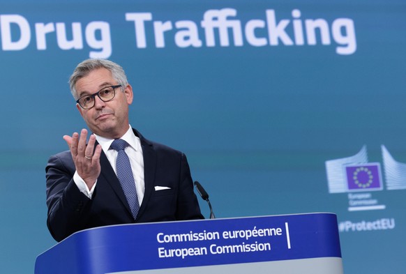 epa12569466 European Commissioner for Internal Affairs and Migration, Magnus Brunner presents the EU Drugs Strategy and Action Plan against Drug Trafficking during a press conference in Brussels, Belg ...