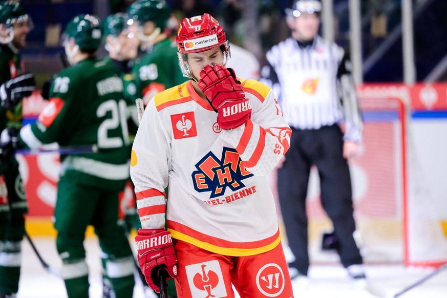 231121 Jeremie B�rtschi of EHC Biel Bienne looks dejected during the CHL game between F�rjestad and EHC Biel-Bienne on November 21, 2023 in Karlstad. Photo: Fredrik Karlsson / BILDBYRAN / COP 185 / FK ...