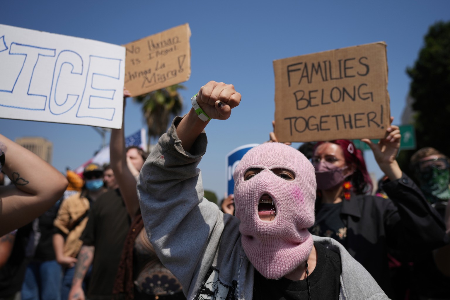 Protesters denounce ICE, U.S. Immigration and Customs Enforcement, Monday, June 9, 2025, in downtown Los Angeles. (AP Photo Jae Hong)
Immigration Raids Los Angeles