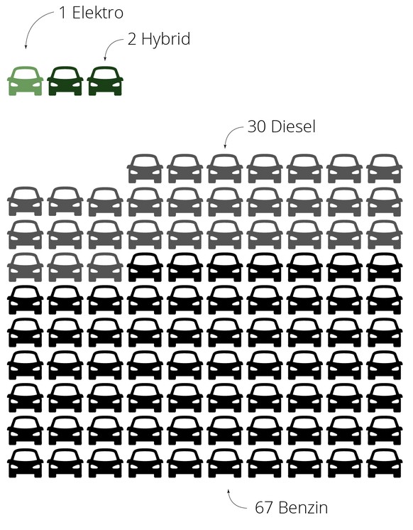 Insgesamt verkehren in der Schweiz 6'160'300 Motorfahrzeuge, rund drei Viertel davon sind Personenwagen.