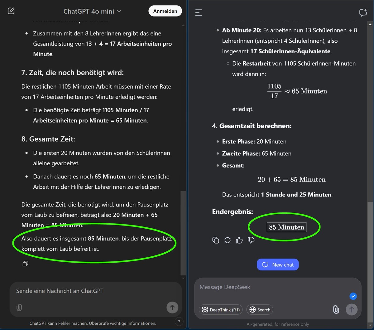 Links: ChatGPT, rechts: DeepSeek. Beide lösen die Aufgabe ohne Probleme.
