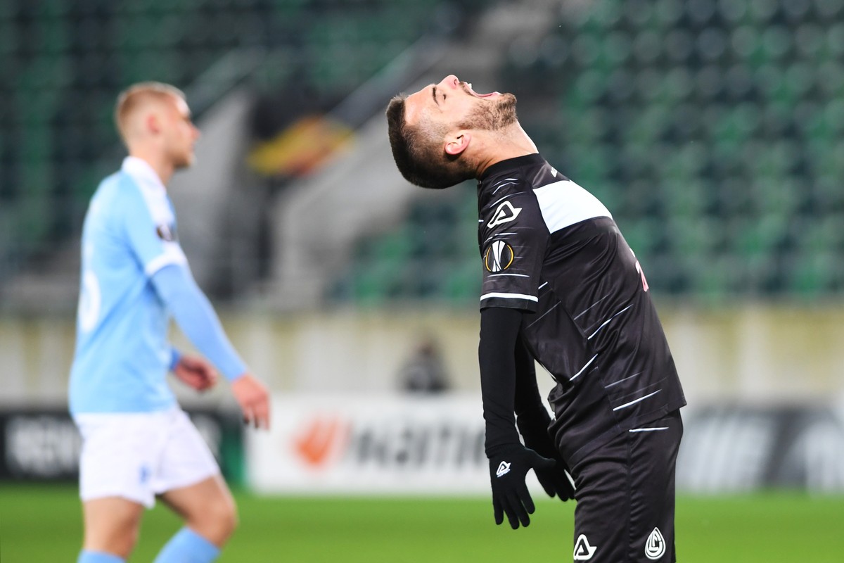 Lugano's player Filip Holender during UEFA Europa League Group B match between FC Lugano of Switzerland and Malmoe FF of Sweden, at the Kybunpark in St. Gallen, on Thursday, November 7, 2019. (KE ...