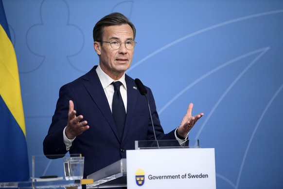 epa11338743 Sweden&#039;s Prime Minister Ulf Kristersson holds a joint news conference with the German chancellor at Norrsken Foundation innovation centre in Stockholm, Sweden, 14 May 2024. EPA/Samuel ...