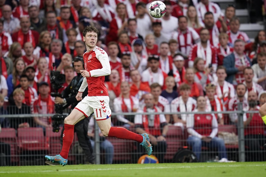 epa10006573 Denmark&#039;s Andreas Skov Olsen in action during the UEFA Nations League soccer match between Denmark and Croatia in Copenhagen, Denmark, 10 June 2022. EPA/Liselotte Sabroe DENMARK OUT