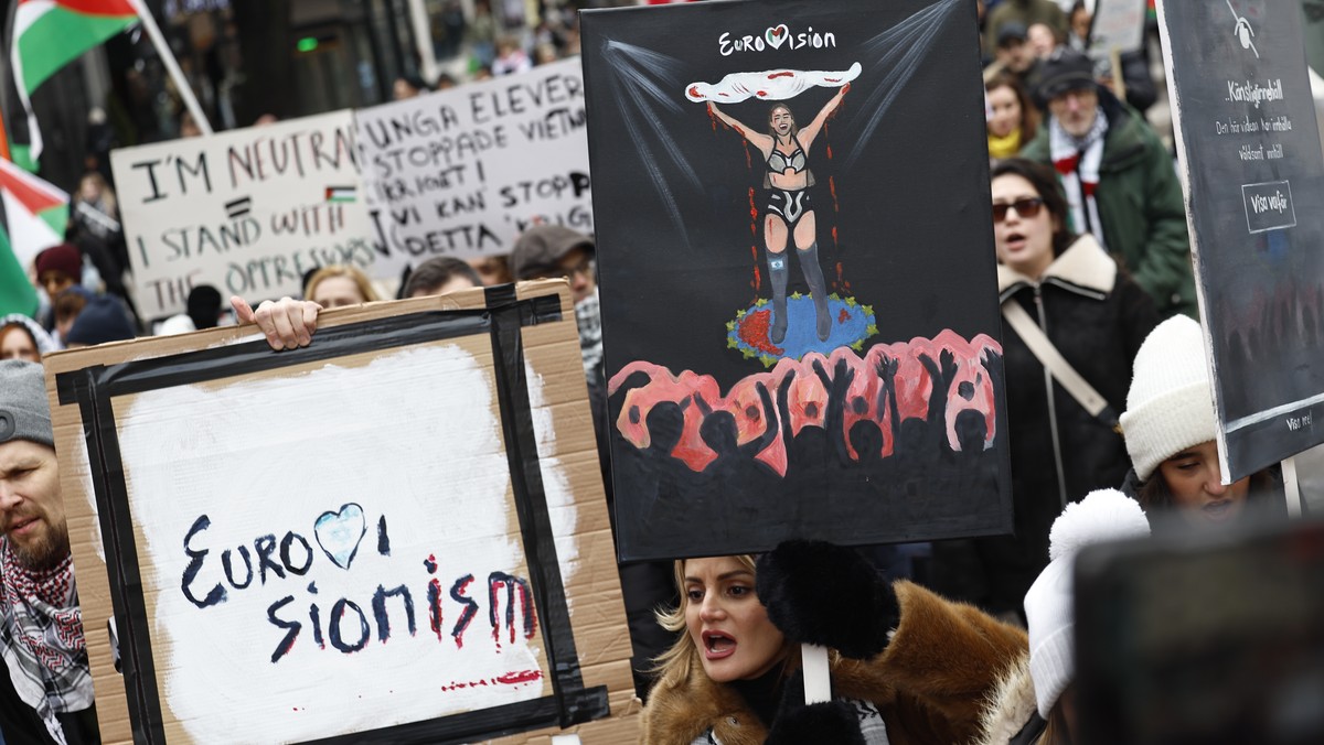 epa11160994 Protesters take part in a demonstration organized by 'Together for Palestine' demanding cease-fire in Gaza and to exclude Israel from the Eurovision Song Contest, in central Stoc ...