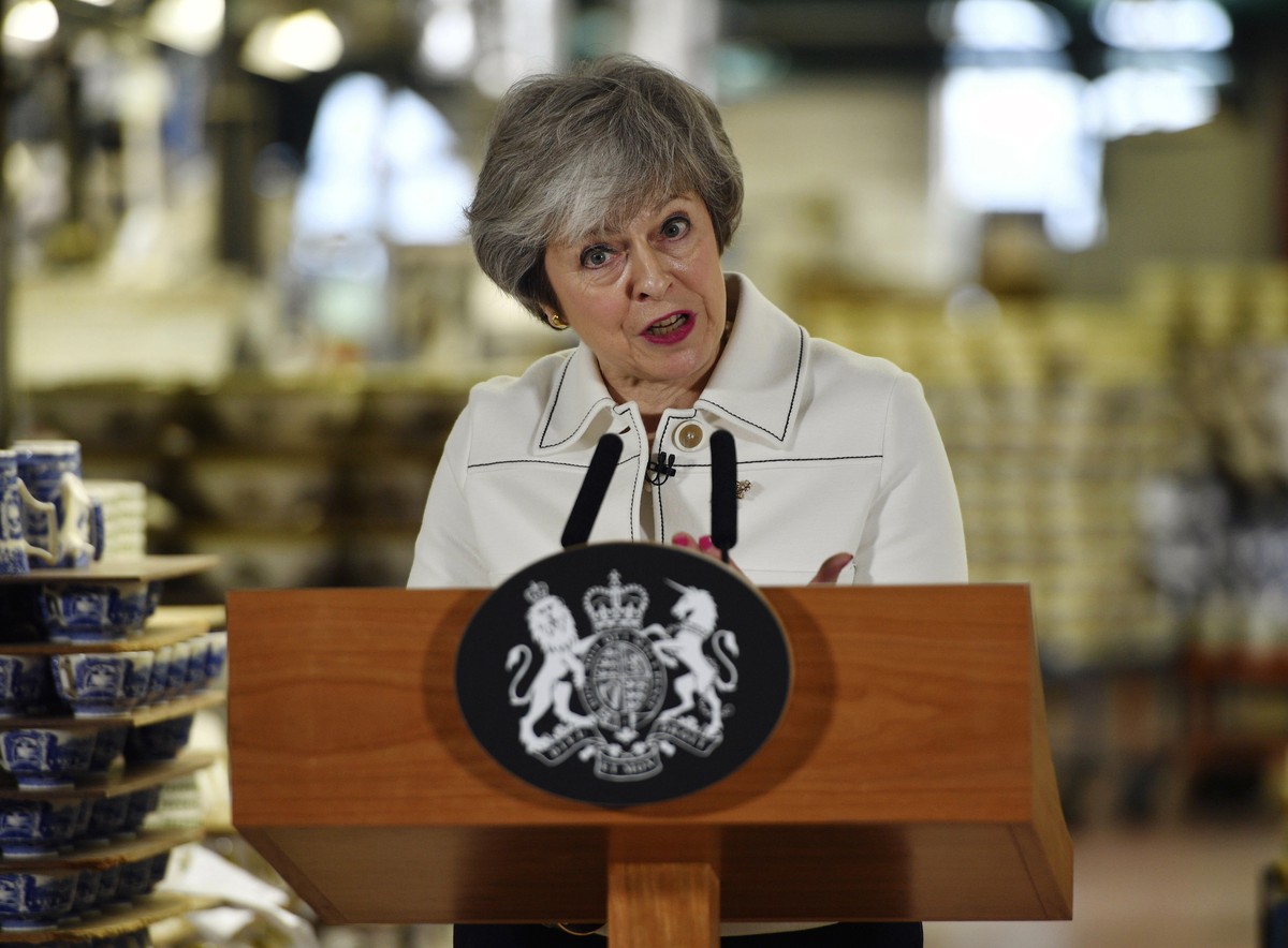 Britain's Prime Minister Theresa May delivers a speech during a visit to the Portmeirion pottery factory in Stoke-on-Trent, England, Monday, Jan. 14, 2019. May is due to make a statement in the H ...