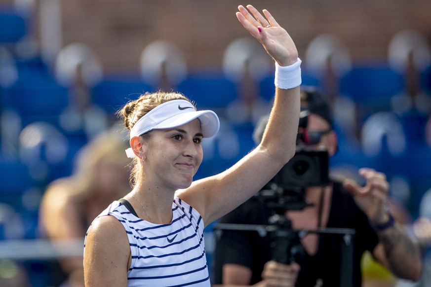 epa08555085 Swiss Belinda Bencic celebrates winning against Czech Marketa Vondrousova during the Tipsport Elite Trophy charity tournament in Prague, Czech Republic, 19 July 2020. The organizers allowe ...