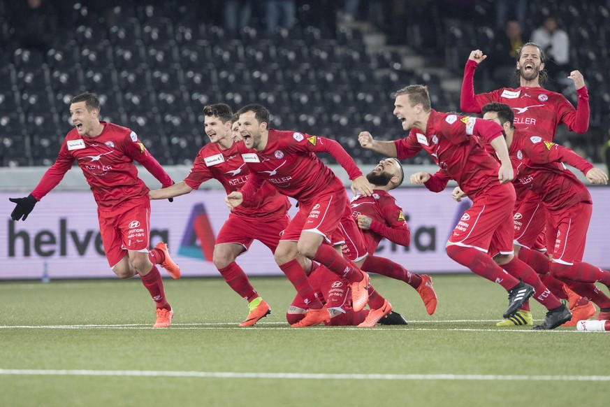 Winterthurs Spieler jubeln nach dem Sieg im Schweizer Cup 1/4-Final Spiel zwischen dem BSC Young Boys Bern und dem FC Winterthur, am Mittwoch, 1. Maerz 2017 im Stade de Suisse Wankdorf in Bern. (KEYST ...