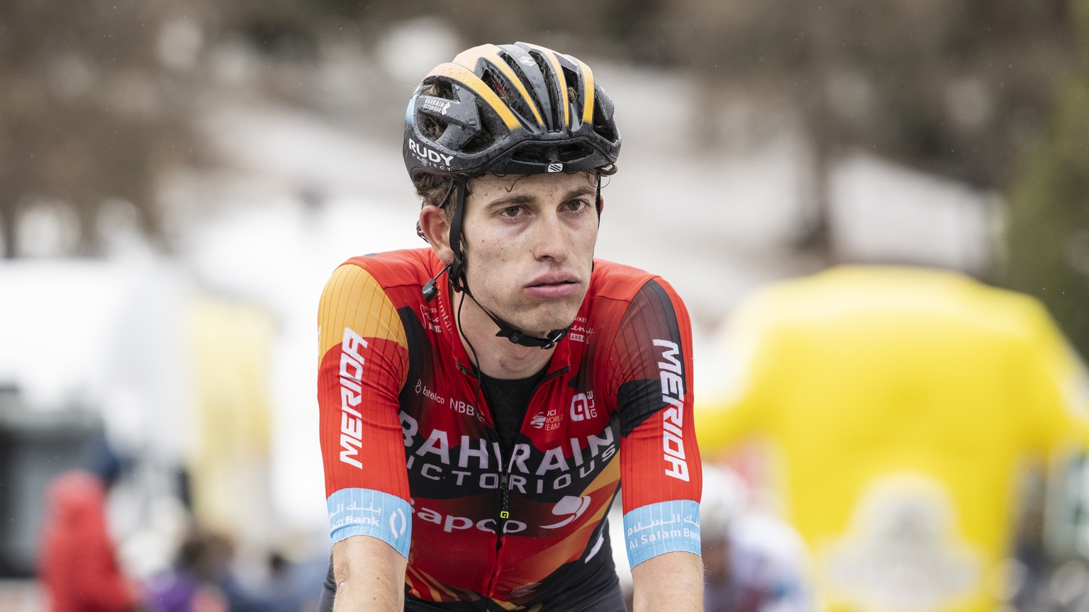 Gino Maeder from Switzerland of team Bahrain Victorious crosses the finish line during the fourth stage, a 161,6 km race between Sion and Thyon 2000 at the 76th Tour de Romandie UCI World Tour Cycling ...