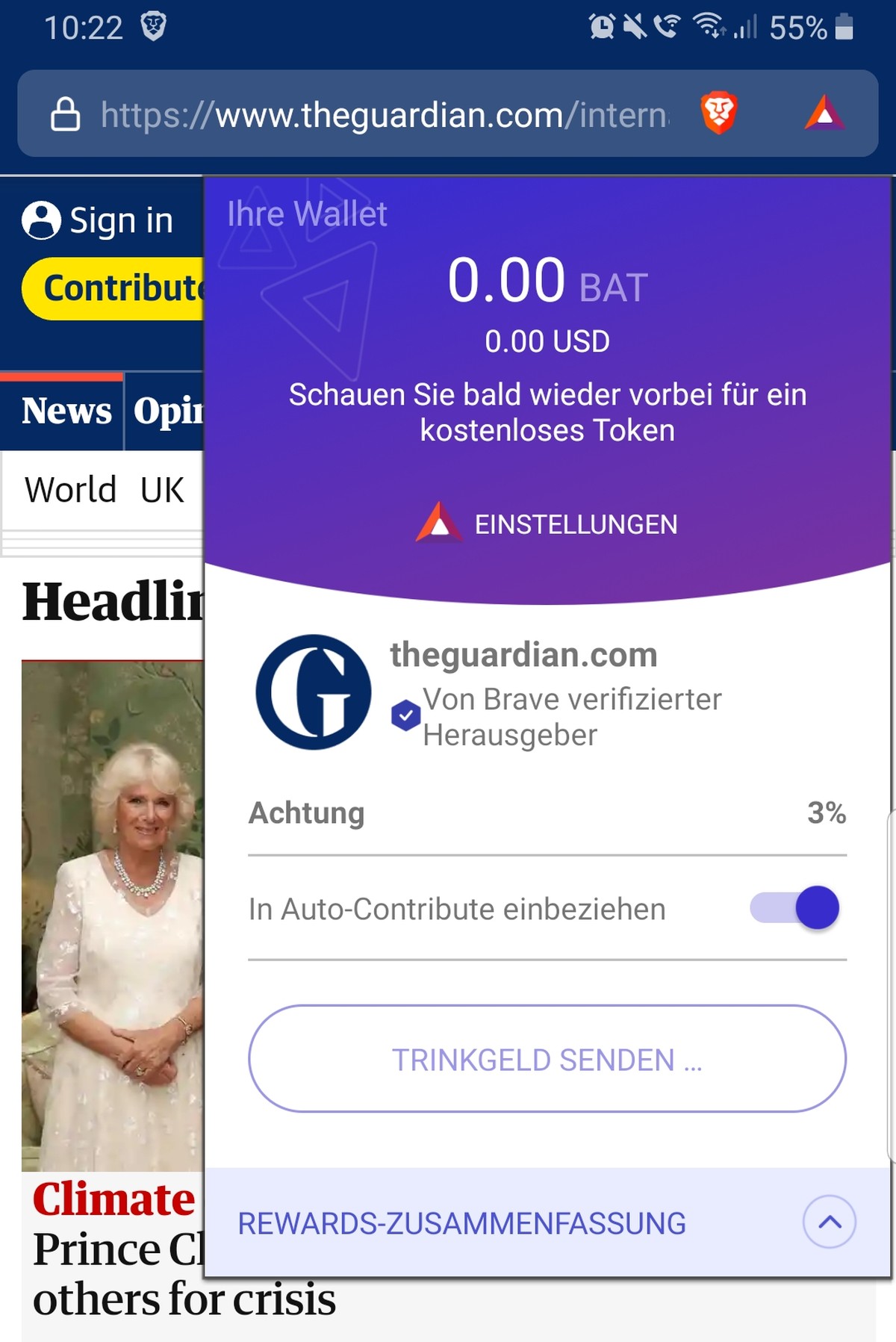 Das Überweisen eines Betrages funktioniert nur bei Webseiten, die sich bei Brave als Medium verifiziert haben.