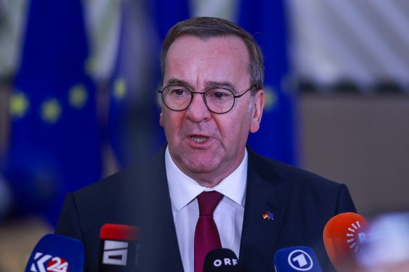 epa11728505 German Defense Minister Boris Pistorius speaks prior meeting of the defence segment of the European Foreign Affairs Council, in Brussels, Belgium, 19 November 2024. The Council will discus ...