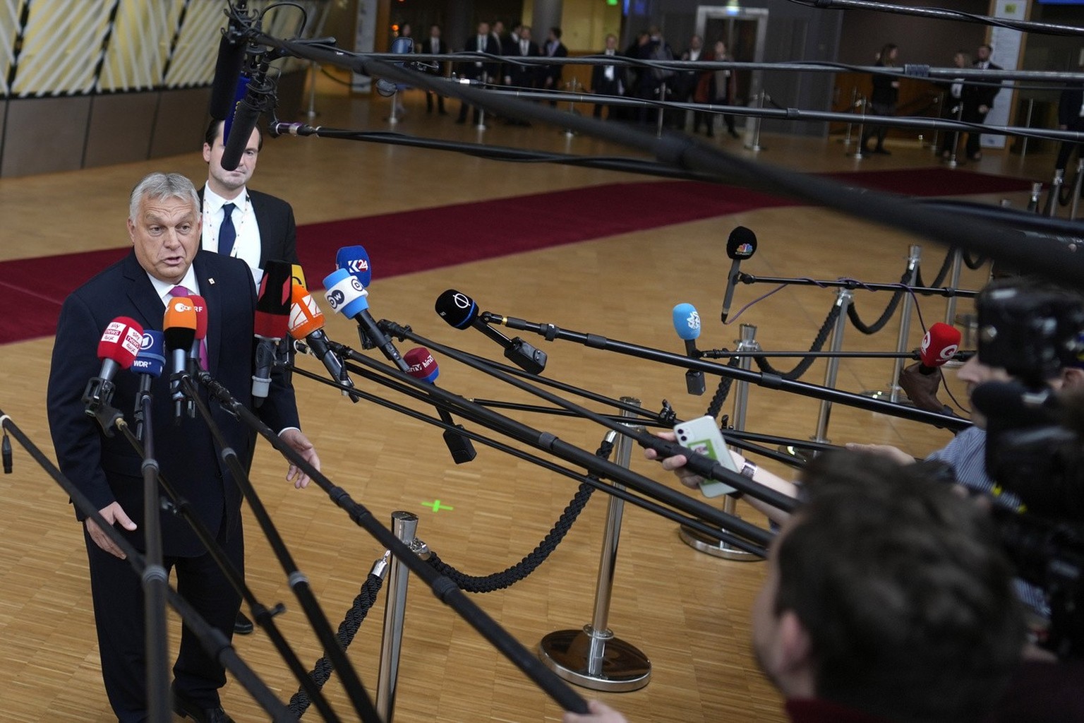 Hungary&#039;s Prime Minister Viktor Orban speaks with the media as he arrives for an EU summit at the European Council building in Brussels, Thursday, Oct. 26, 2023. European Union leaders gather Thu ...