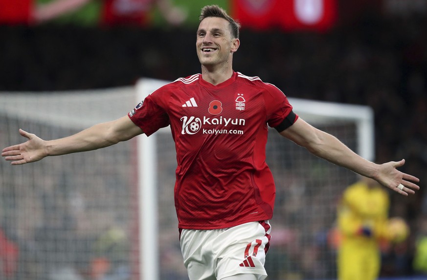 Nottingham Forest&#039;s Chris Wood celebrates scoring during the English Premier League soccer match between Nottingham Forest and West Ham United at the City Ground, Nottingham, England, Saturday No ...