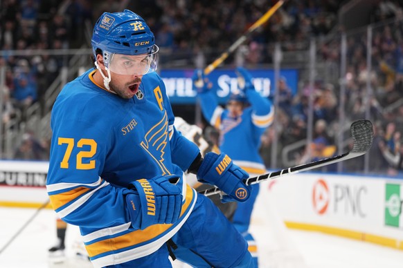 St. Louis Blues' Justin Faulk (72) celebrates after scoring during the second period of an NHL hockey game against the Vegas Golden Knights Friday, Jan. 2, 2026, in St. Louis. (AP Photo/Jeff Robe ...