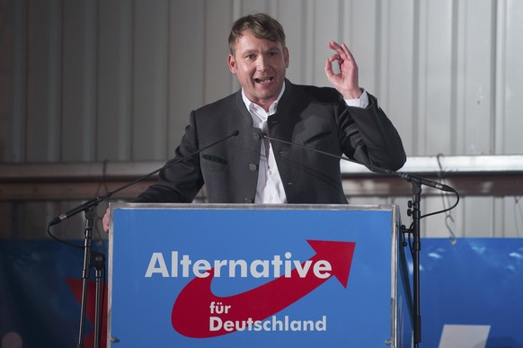 In this Feb. 14, 2018 photo Andre Poggenburg, head of the nationalist AfD in German state of Saxony-Anhalt, speaks during a party rally in Nentmannsdorf near Pirna, eastern Germany, where he insulted  ...