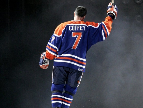 Former Edmonton Oilers defenceman Paul Coffey skates off the ice at Rexall Place in Edmonton following the retirement of his number during a pre-game ceremony in Edmonton Tuesday Oct. 18, 2005. Coffey ...