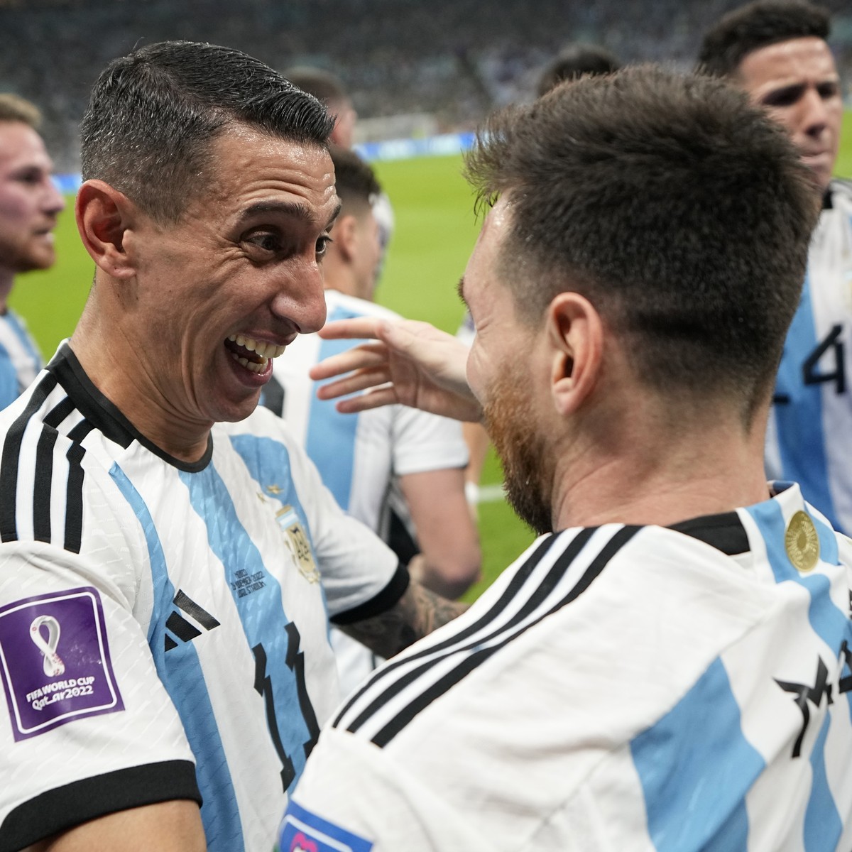 Argentina's Lionel Messi, right, celebrates with his teammate Angel Di Maria after scoring his side's opening goal during the World Cup group C soccer match between Argentina and Mexico, at  ...