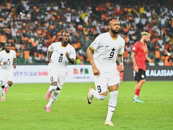 January 22, 2024. AFCON 2023 Jordan Ayew celebrates his goal after converting from the spot, Mozambique vs Ghana, Stade Olympique Alhassane Ouattara, Abidjan, Cote D Ivoire - Photo by Ebenezer Amoakoh ...