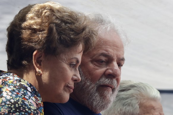 Brazilian former Presidents Luiz Inacio Lula da Silva and Dilma Rousseff, left, stand together outside the Metal Workers Union headquarters in Sao Bernardo do Campo, Brazil, Saturday, April 7, 2018. D ...