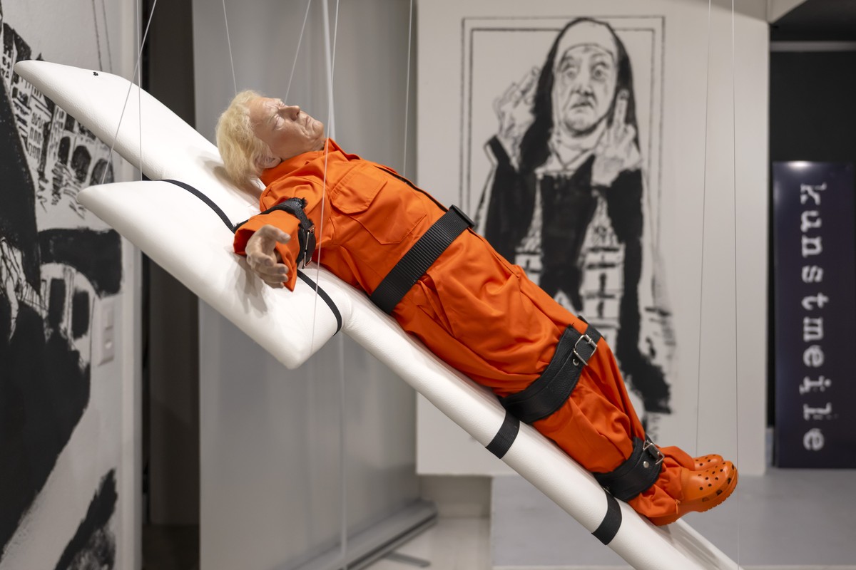 epa12495368 The sculpture 'Saint ot Sinner' by British artist Mason Storm, represented by 'Gleis4' Gallery, is exhibited at Kunstmeile Basel, in Basel, Switzerland, 31 October 2025 ...