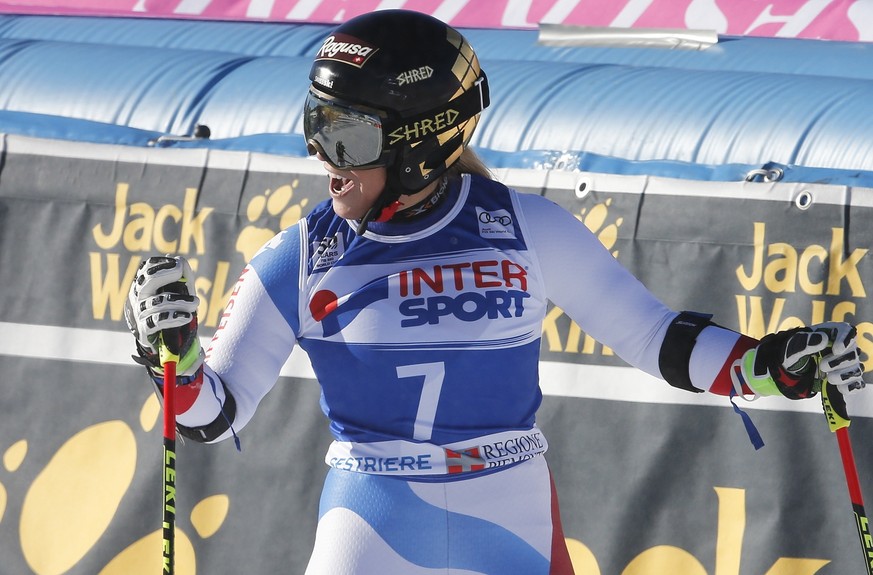 Switzerland&#039;s Lara Gut reacts after completing an alpine ski, women&#039;s World Cup giant slalom, in Sestriere, Italy, Saturday, Dec. 10, 2016. (AP Photo/Marco Trovati)