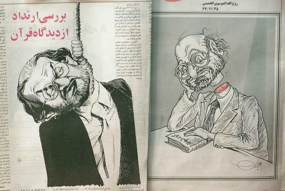 The hardline Iranian newspaper Islamic Revolution shows cartoons depicting British author Salman Rushdie on the eleventh anniversary of Iran&#039;s death sentence against him Monday Feb. 14, 2000 in T ...