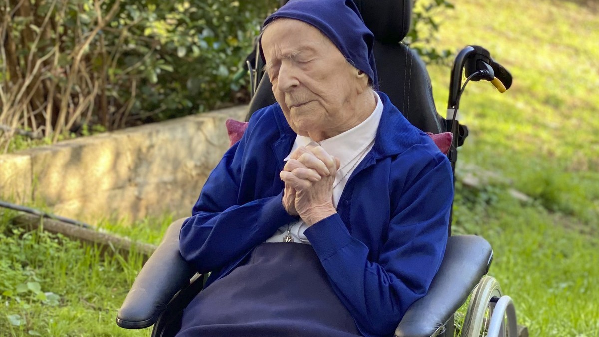 This photo provided by the Sainte-Catherine Laboure care home communications manager shows Lucile Randon, Sister Andre's birth name, in Toulon, southern France, Wednesday, Feb. 10, 2021. A 116-ye ...