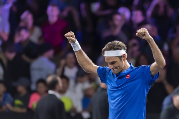 Team Europe&#039;s Roger Federer, reacts after winning a game against to Team world&#039;s John Isner, during their single match at the Laver Cup tennis event, in Geneva, Switzerland, Sunday, Septembe ...