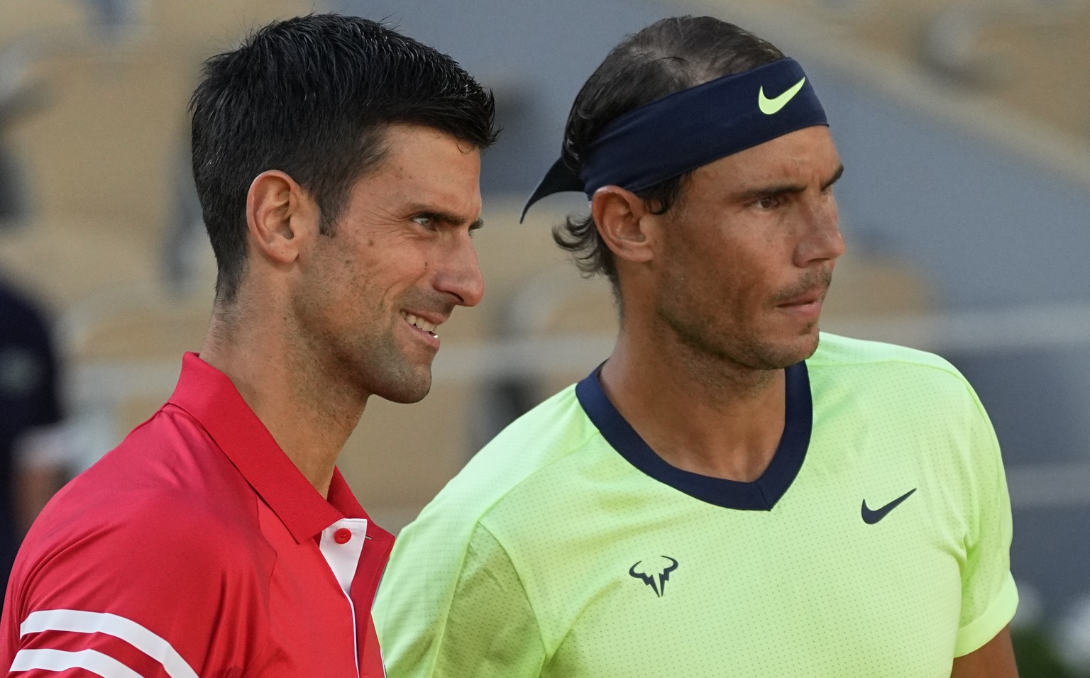 Serbia&#039;s Novak Djokovic and Spain&#039;s Rafael Nadal pose before their semifinal match of the French Open tennis tournament at the Roland Garros stadium Friday, June 11, 2021 in Paris. (AP Photo ...