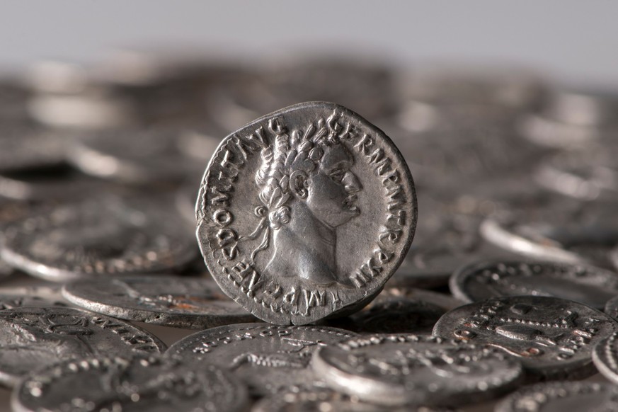 Der Großteil der Münzen stammt aus der Zeit der flavischen Herrscher und zeigt deren Profil, wie diese hier das des Kaisers Domitian.