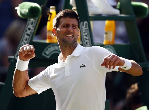 epa06076753 Novak Djokovic of Serbia celebrates his win over Ernests Gulbis of Latvia in their third round match during the Wimbledon Championships at the All England Lawn Tennis Club, in London, Brit ...