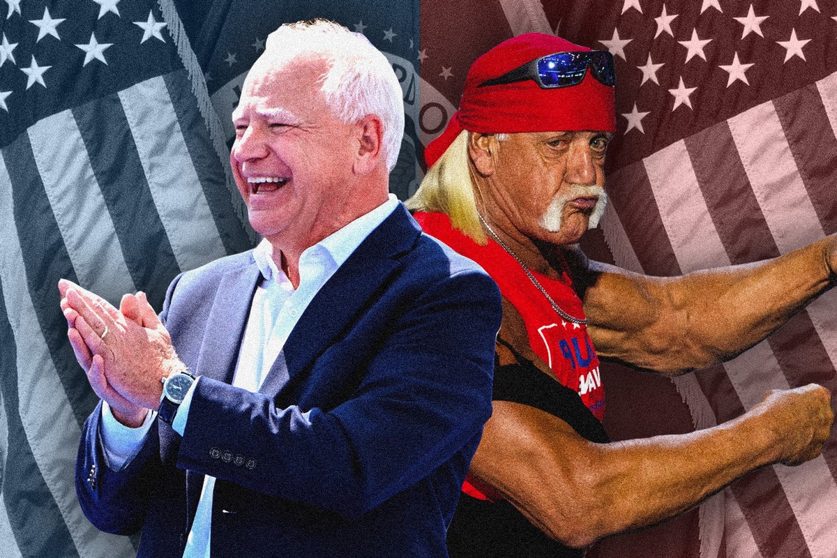 Tim Walz und Hulk Hogan repräsentieren unterschiedliche Werte von Männlichkeit. Tim Walz und Hulk Hogan stehen vor einer Amerikanische-Flagge. Hulk Hogan in Pose, Tim Walz lachend klatschend.