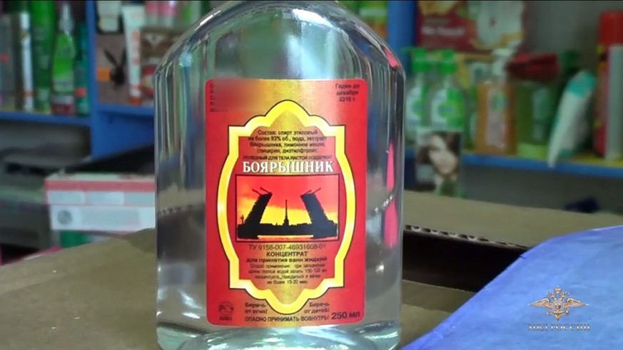 epa05682544 A handout photo made available by Russian Interior Affairs ministry of a still image grabbed from Russian Interior Affairs ministry website mvd.ru shows a bottle of hawthorn bath essence,  ...