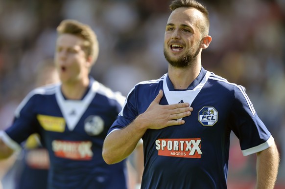 Der Luzerner Luka Sliskovic jubelt nach seinem Tor fuer Luzern beim Fussball - Final FC Zuerich gegen den FC Luzern beim 77. Blue Stars FIFA Youth Cup in Zuerich am Donnerstag, 14. Mai 2015. (KEYSTONE ...