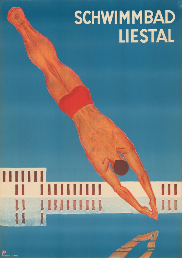 Otto Plattner geb. 29. Juni 1886, gest. 20. Oktober 1951, Schweizer Maler, Graphiker: Werbung, Schwimmbad Liestal, 1934, Schweiz, Reproduktion eines Plakates