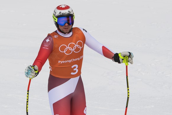 Beat Feuz of Switzerland reacts in the finish area during the men Alpine Skiing downhill training in Jeongseon Alpine Center during the XXIII Winter Olympics 2018 in Pyeongchang, South Korea, on Satur ...