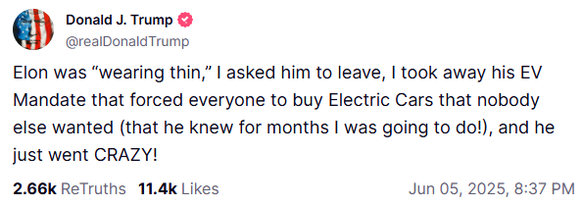 Elon wurde «müde», ich bat ihn zu gehen, ich nahm ihm sein Mandat weg, das jeden zwang, Elektroautos zu kaufen, die sonst niemand wollte (er wusste seit Monaten, dass ich das tun würde!), und er dreht ...