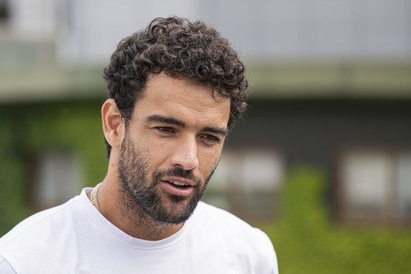 Matteo Berrettini of Italy speaks with a journalist ahead of the Wimbledon All England Lawn Tennis Championships in London, on Sunday, June 28, 2026. The Wimbledon Tennis Championships 2026 will be he ...