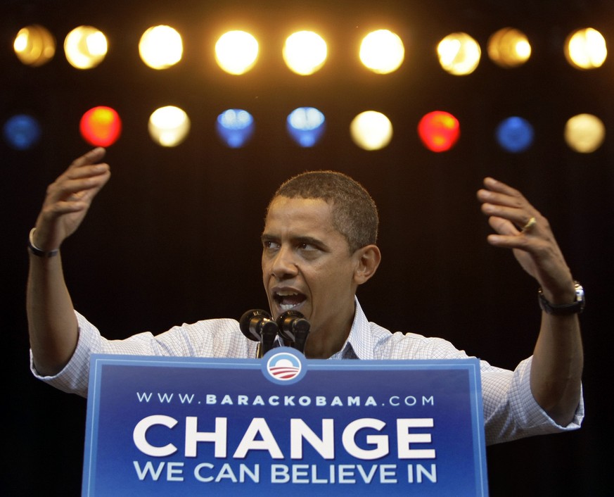 Democratic presidential candidate Sen. Barack Obama, D-Ill., speaks at a rally at the Marcus Amphitheater in Milwaukee Monday, Sept. 1, 2008.(AP Photo/Alex Brandon)