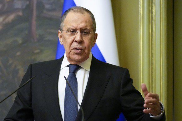 Russian Foreign Minister Sergey Lavrov speaks during a joint news conference with Armenian Foreign Minister Ararat Mirzoyan following their talks in Moscow, Russia, Friday, April 8, 2022. (AP Photo/Al ...