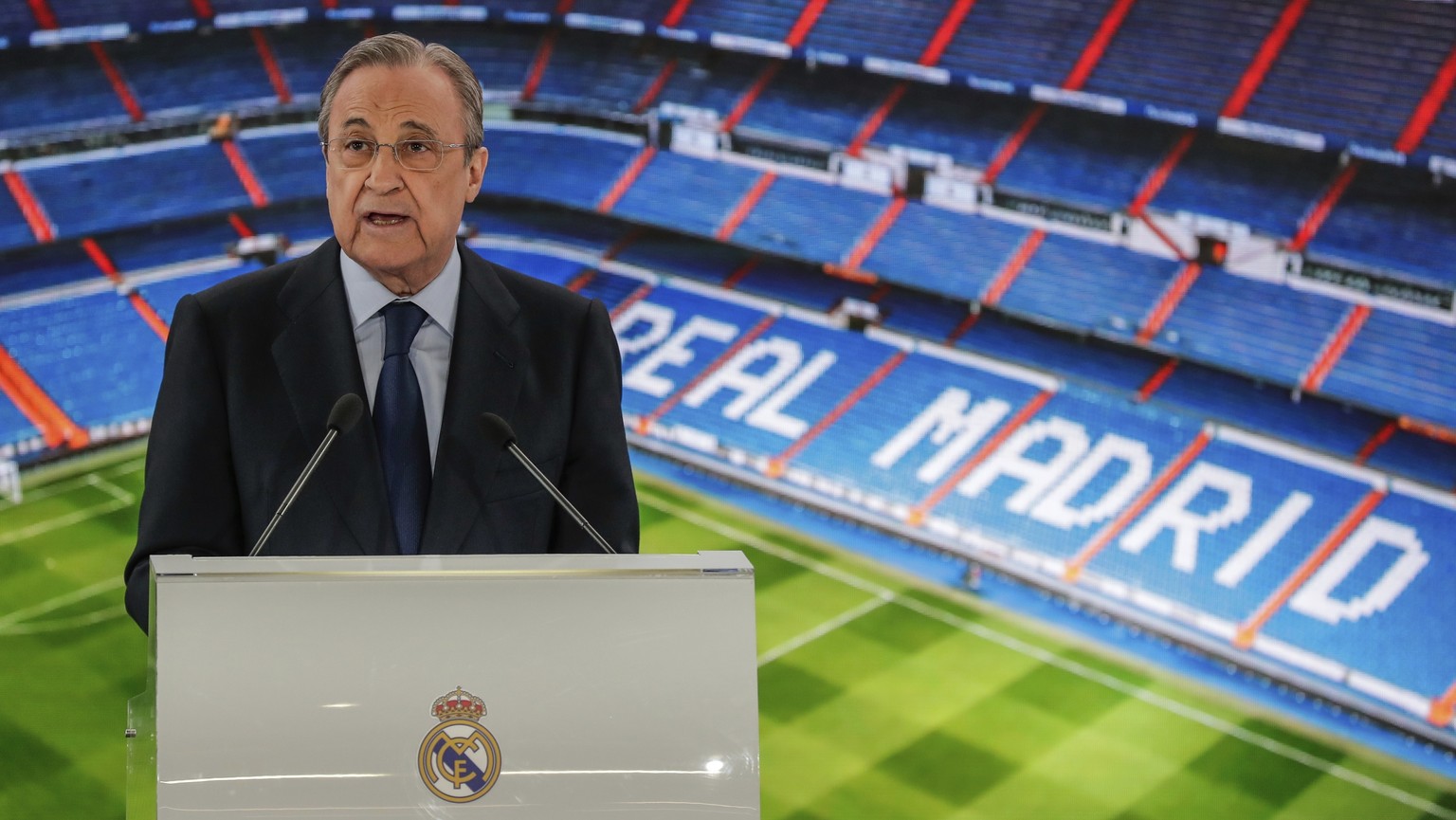 FILE - In this June 13, 2019 file photo, Real Madrid&#039;s President Florentino Perez gives a speech at the Santiago Bernabeu stadium in Madrid, Spain. The Super League&#039;s founding chairman Flore ...
